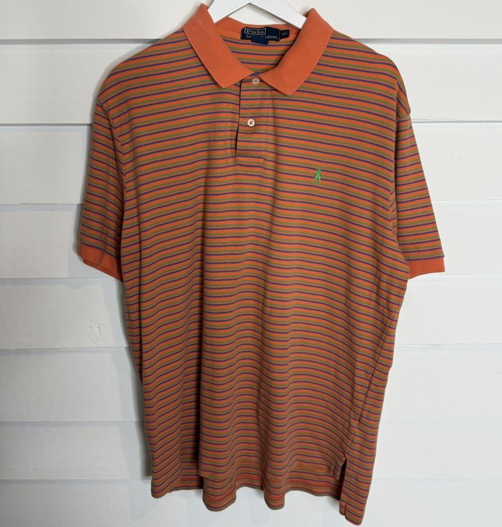 Polo Ralph Lauren Cotton Orange Striped Men's Short Sleeve Polo Shirt XL